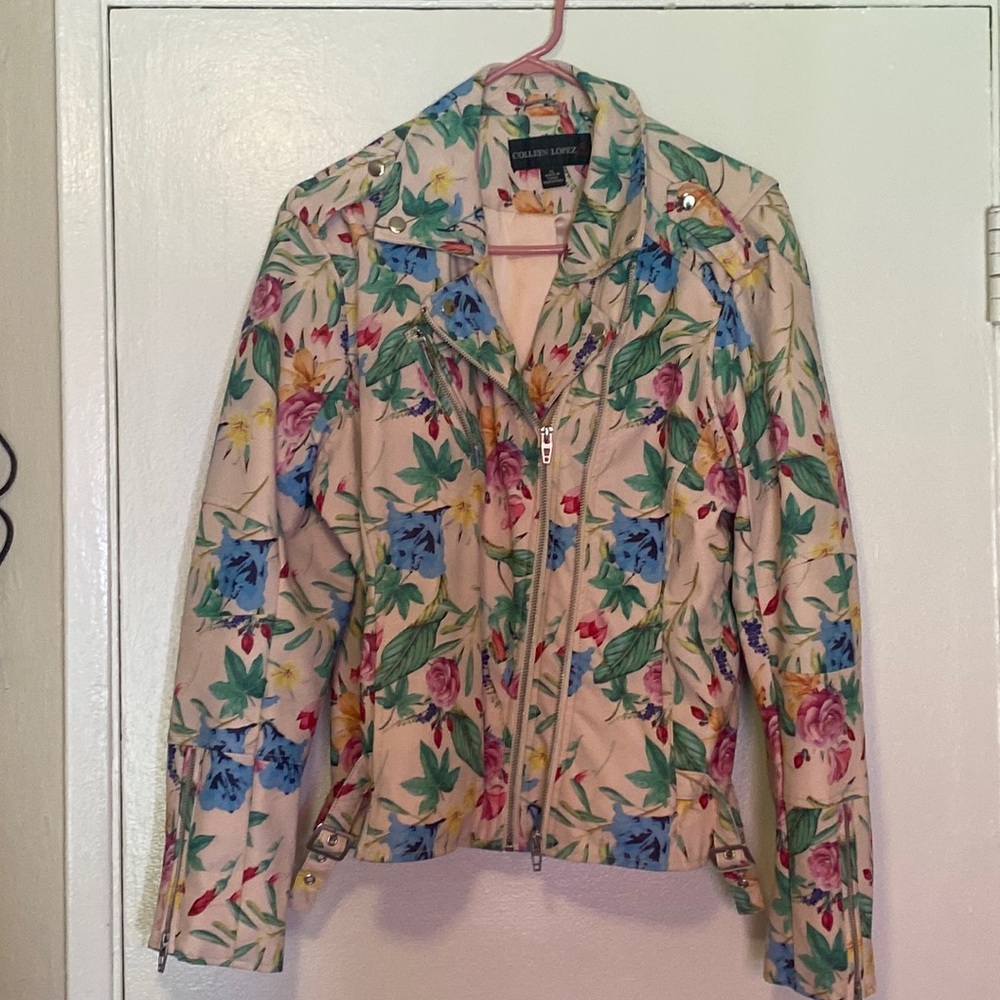 Colleen Lopez faux leather floral Motorcycle Jacket - size XL